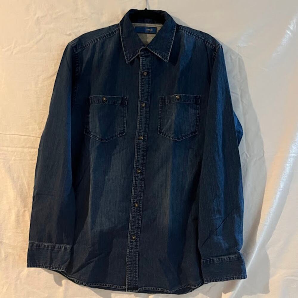 VTG Joseph Abboud Shirt Denim Button Down Plaid Inside Cuffs Size L